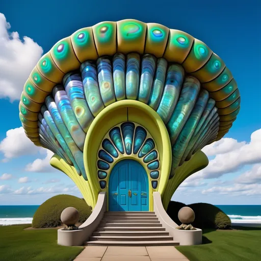 Prompt: a very large blue chartreuse shell house with a walkway leading to it and a sky background with clouds and blue sky above, David LaChapelle, art deco, psychedelic trippy fantastically gaudy, an art deco sculpture as a Sandro Botticelli painting featuring abalone and pearls and emeralds