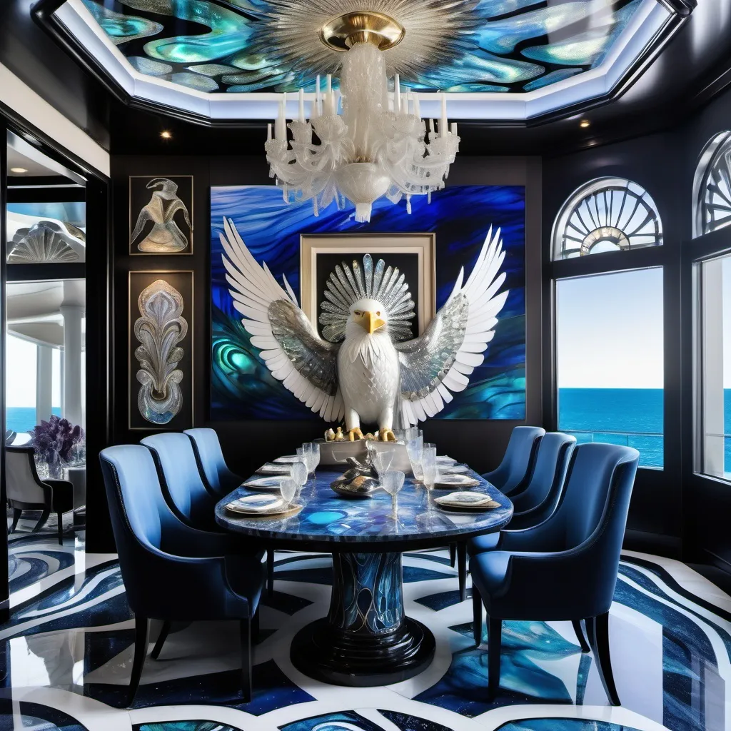 Prompt: 1920's Indian psychedelic Elaborate jewel beaded abalone eagle feathers murals Swarovski black and white and blue and indigo Monaco Indian Dubai Egyptian  yacht dining room with ocean view windows and elegant pearl abalone decor and tall micro orchids as a Sandro Botticelli painting interior design with blue watercolor abalone marble floor and eagle statue made of fire opal and abalone