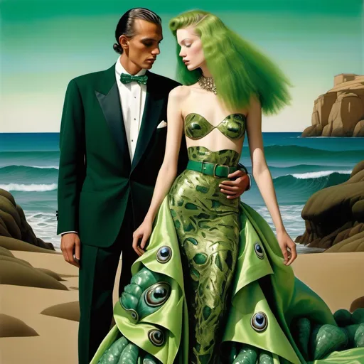 Prompt: Valentino FERRAGAMO Armani 1990's 1950's  Swarovski seaweed  Hollywood gown  with lime green seaweed embroidered accents and green abalone silk and seaweed belt on swedish Indian Egyptian tan slender tall gorgeous female and male model with vibrant green hair as a Sandro Botticelli full body elegant fashion editorial French couple oceanic mermaid seaweed bed portrait painting featuring two people and with mother of pearl and large abalone raffia palm headdress with emeralds