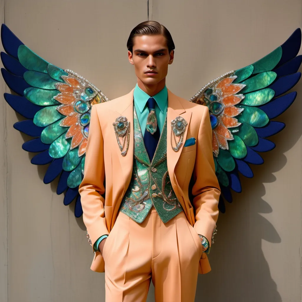 Prompt: Chanel Armani Gatsby extravagant luxury 1990's 1920's 1940's fashion in psychedelic embroidered beaded 
Orange Green Blue yellow white abalone on Monaco Catalan Indian slender tall gorgeous masculine muscular tan stunning male model in elaborate beaded 1920's Chanel japanese Korean fitted  suit with navy chrome peach green ABALONE ANGEL WINGS as a Sandro Botticelli Portrait full body painting in Monaco casino