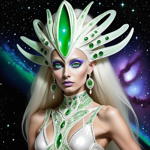 Prompt: Alien dreamy cosmic genie Indian  extraterrestrial platinum blonde hair and green alien skin with pink eyes in zuhair Murad beaded fitted embellished pearly white luminous platinum silver chrome violet white pearl opal diamond Swarovski crystal costume gown as a Sandro Botticelli full body cosmic planetary Star Trek Green alien goddess dancer painting with large Cartier royal jewels and mother of pearl milky way green themed