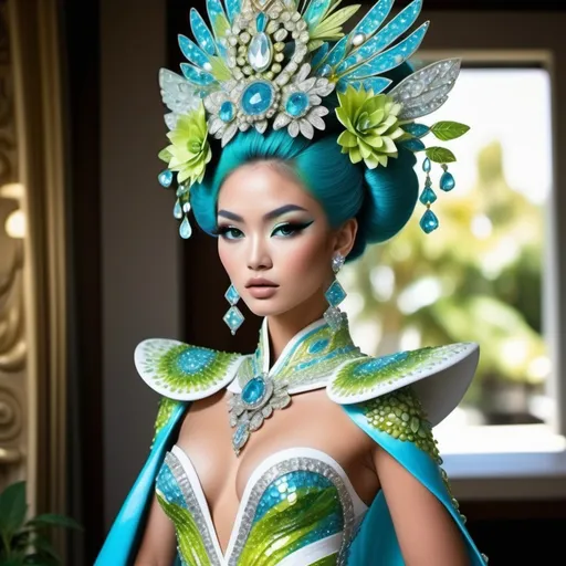 Prompt: Divine Angelic gorgeous feminine goddess Polynesian Hawaiian Balinese Thai Japanese geisha miss japan miss universe extravagant costume with vibrant turquoise styled hair and green eyes in zuhair Murad beaded fitted embellished pearly white blue gold chartreuse lime green pastel blue luminous blue topaz platinum silver chrome white pearl opal diamond Swarovski crystal costume gown as a Sandro Botticelli full body painting with large Cartier royal floral jewels and mother of pearl and white abalone aquamarine headdress with pearls blue lotus