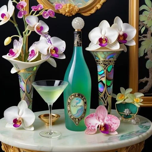 Prompt: Cartier Gatsby extravagant luxury 1990's 1920's  chinoiserie white shiny luminous abalone mother of pearl elaborate silk white platinum gold penthouse martini bar room with micro orchids with yellow coral green abalone and featuring pink violet jade chartreuse pearl diamond blue black and floral calligraphy art as a Sandro Botticelli painting in transcendent psychedelic style