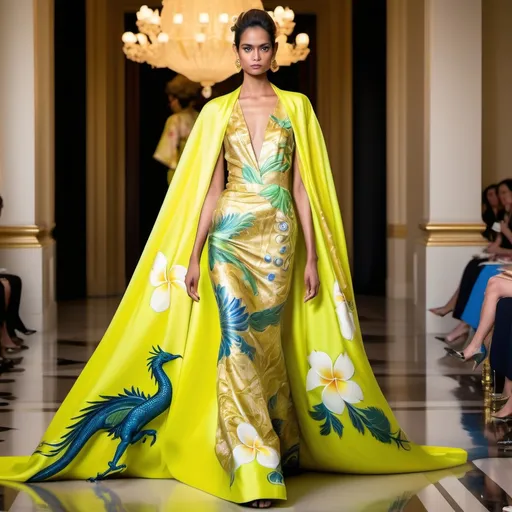 Prompt: rahul mishra , oscar de la renta , zuhiar murad Hawaiian yellow pheonix and plumeria exotic dragon thai kimono gown island outfit | gorgeous vibrant feminine gorgeous tan monaco casino female styled updo golden metallic hair blue eyes divine elaborate nepal greek sun goddess seraphim India Couture embellished abalone yellow topaz neon yellow gold lime chartreuse silk Indian Royal gown fashion with opals platinum gold and abalone Swarovski gold abalone headdress as a Sandro Botticelli painting with plumeria headdress