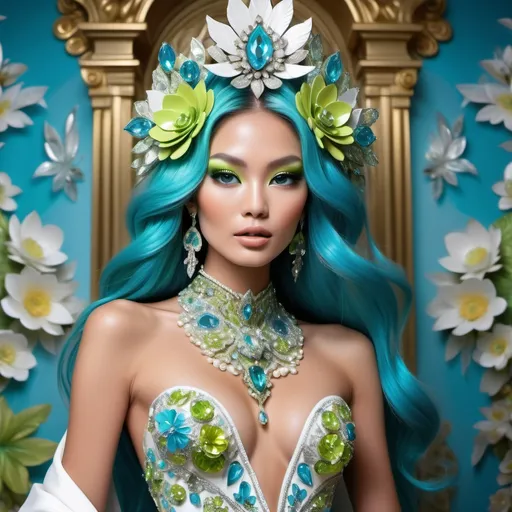 Prompt: Divine Angelic gorgeous feminine goddess Monaco French Balinese Thai Japanese miss japan miss universe extravagant with vibrant turquoise styled hair and green eyes in zuhair Murad beaded fitted embellished pearly white blue gold chartreuse lime green pastel blue luminous blue topaz platinum silver chrome white pearl opal diamond Swarovski crystal costume gown as a Sandro Botticelli full body painting with large Cartier royal floral jewels and mother of pearl and white abalone aquamarine headdress with pearls blue lotus