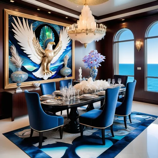 Prompt: 1920's Indian psychedelic Elaborate jewel beaded abalone eagle feathers murals Swarovski black and white and blue and indigo Monaco Indian Dubai Egyptian  yacht dining room with ocean view windows and elegant pearl abalone decor and tall micro orchids as a Sandro Botticelli painting interior design with abalone fire opal floor and large elaborate eagle statue made of fire opal and abalone