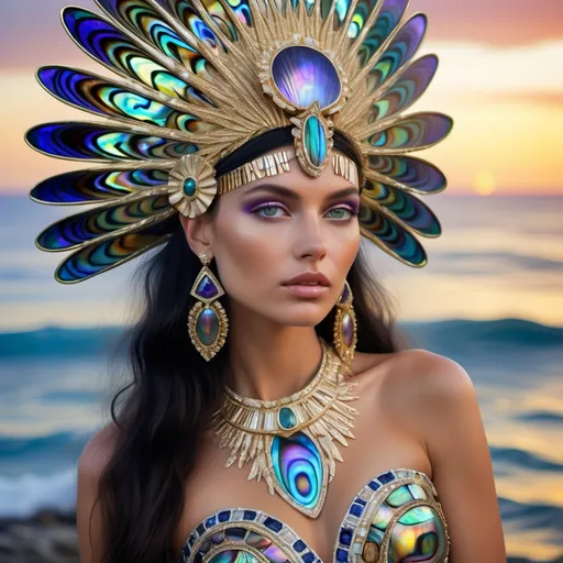 Prompt: a Monaco Bulgarian swedish French gorgeous female model with navy hair and lavish cartier with whimsical gorgeous extravagant  exotic aestheticism,  featuring violet white platinum gold abalone and Mother of pearl vibrant beaded zuhair Murad  ornate Swarovski abalone gown as a Sandro Botticelli island goddess sunset oceanic painting with large Balinese Polynesian Cartier gold  headdress with green abalone