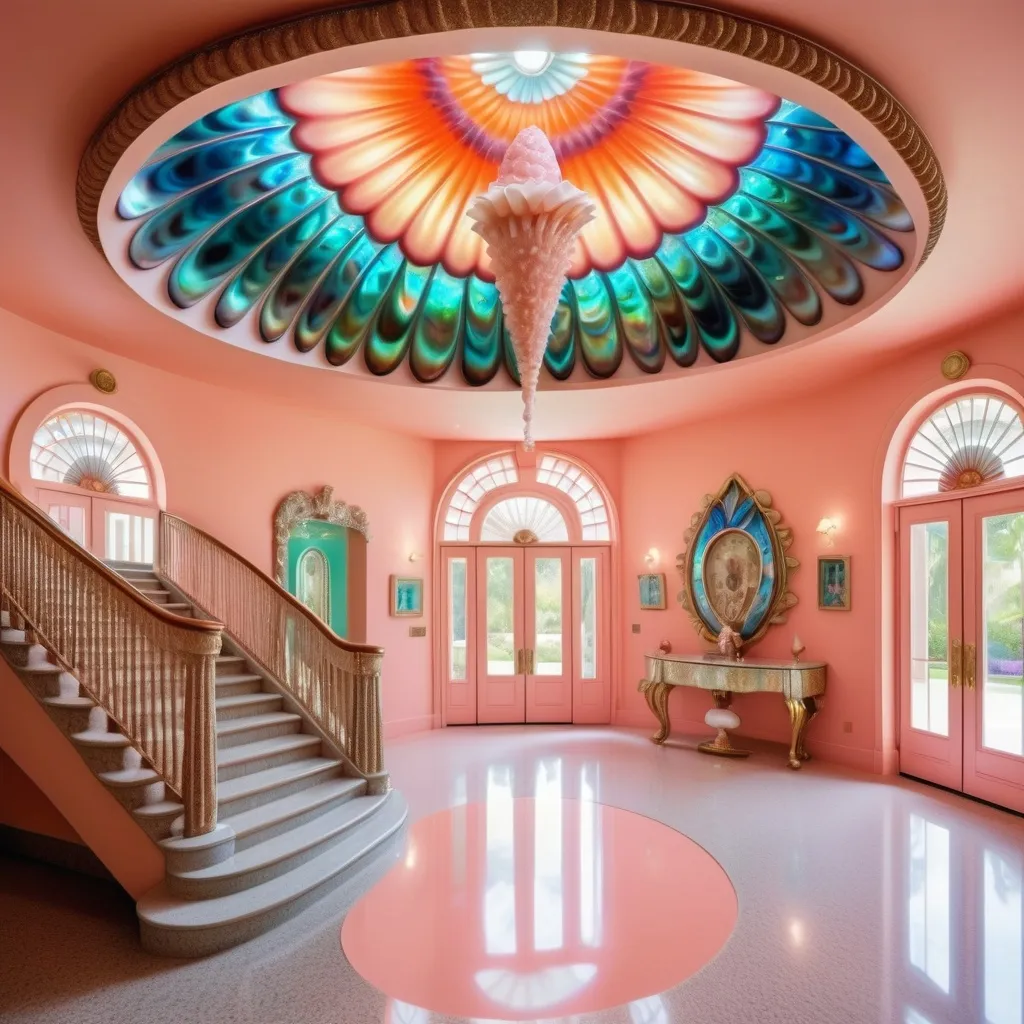 Prompt: a very large peach scallop shell mansion with a walkway leading to it , David LaChapelle, art deco, exotic psychedelic trippy fantastically gaudy, an art deco sculpture as a Sandro Botticelli painting featuring abalone and pearls and opals and coral