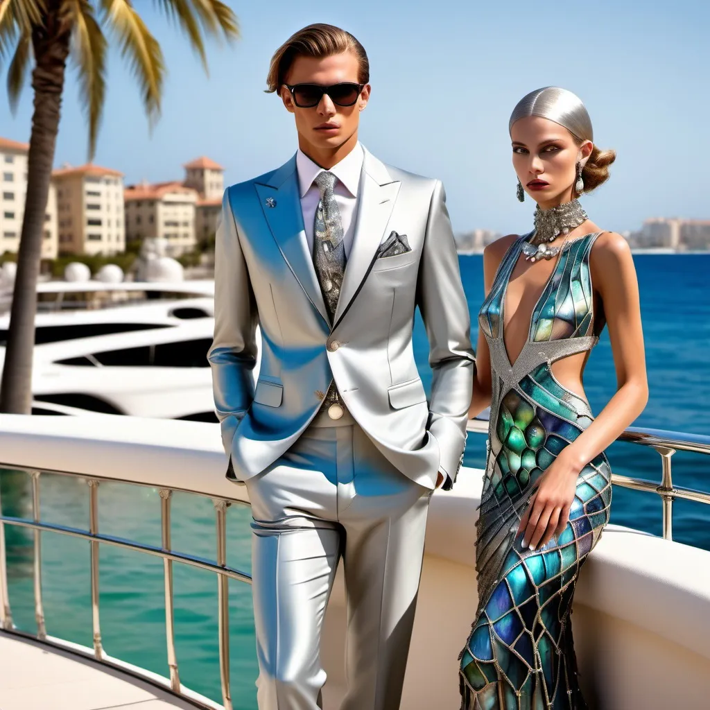 Prompt: Monaco palm beach Egyptian swedish masculine suit outfit on 1929's Armani Chanel Hollywood ornate luxury Egyptian Catalan male model with female model in chanel silver Swarovski crystal zuhair Murad abalone fitted mermaid outfit in Monaco Palm Beach yacht club with crystals and starfish as an oceanic Beach side Sandro Botticelli painting with luminous pearl abalone metallic silver grey platinum watercolor silk hues with chunky pearl headdress