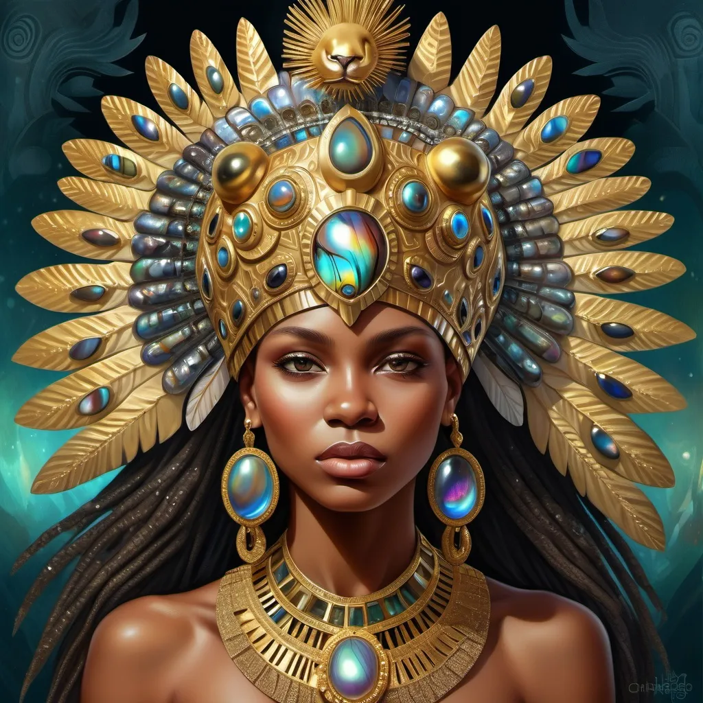 Prompt: Gorgeous Bulgarian goddess from south Africa with an ornate regal jeweled gold abalone headdress and a lion behind her, , Chinwe Chukwuogo-Roy, afrofuturism, highly detailed digital painting, a photorealistic painting