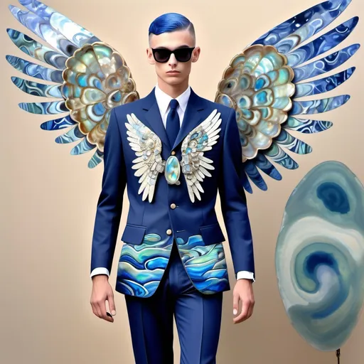 Prompt: Celestial Divine Magnificent whimsical French  abalone camo print navy vibrant indigo white Swarovski crystal watercolor chanel suit on slender attractive tan tall male model with military buzz cut blue hair and with two abalone angel wings in center of back as a Sandro Botticelli full body painting 1950's