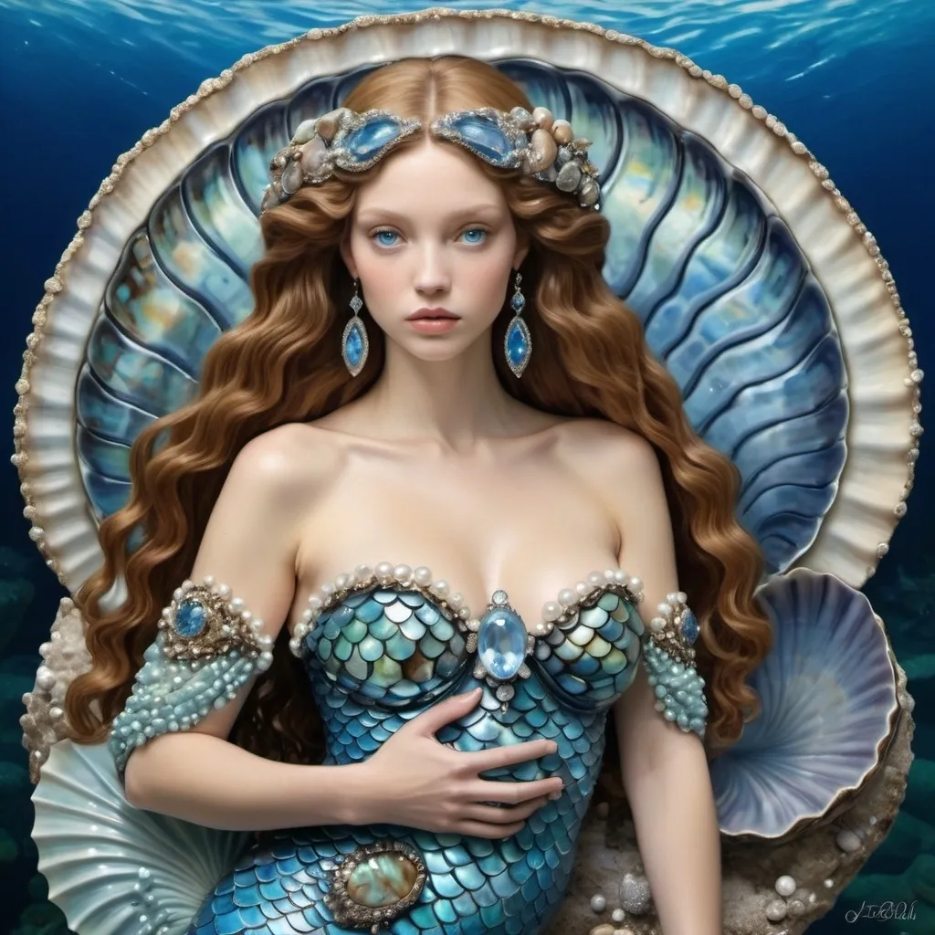 Prompt: Gorgeous blue mermaid in a giant blue clam with blue topaz gemstones and aquamarine gem stones and pearls and ABALONE as a Sandro Botticelli painting