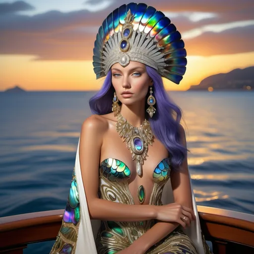 Prompt: a Monaco Bulgarian swedish French gorgeous female model with navy hair and lavish cartier with whimsical gorgeous extravagant  exotic aestheticism,  featuring violet white platinum gold abalone and Mother of pearl vibrant beaded zuhair Murad  ornate Swarovski abalone gown as a Sandro Botticelli island goddess sunset oceanic yacht painting with large Balinese Polynesian Cartier gold  headdress with green abalone