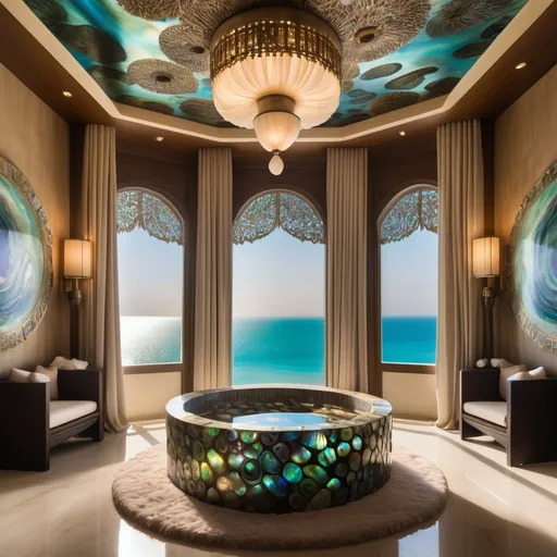 Prompt: Dubai royal Mediterranean Balinese spa room covered in abalone and abalone silk and as a Sandro Botticelli painting with elaborate abalone chandeliers and high ceilings and ocean views