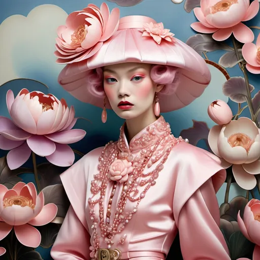 Prompt: Chanel Cartier Armani Gatsby extravagant luxury 1990's 1920's 1940's pink lotus pink peony pink camellia pink dragon chinoiserie white abalone mother of pearl elaborate beaded 1920's Chanel japanese iris van herpen silk penthouse geisha featuring peach lavender and coral hair as a Sandro Botticelli Portrait painting in Georgia o Keefe transcendent psychedelic style