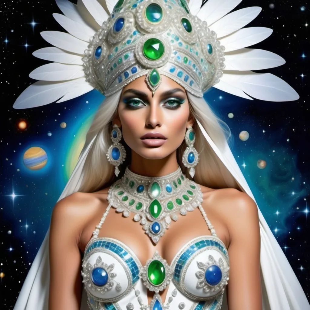 Prompt: White dreamy cosmic genie Indian water extraterrestrial goddess Monaco swedish indian casino showgirl miss India miss universe extravagant with green blueskin and platinum blonde hair and blue eyes in zuhair Murad beaded fitted embellished pearly white luminous platinum silver chrome white pearl opal diamond Swarovski crystal costume gown as a Sandro Botticelli full body cosmic planetary painting with large Cartier royal jewels and mother of pearl