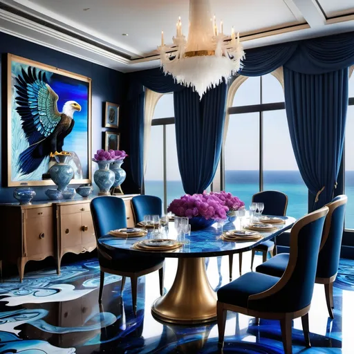 Prompt: 1920's Indian psychedelic Elaborate jewel beaded abalone eagle feathers murals Swarovski black and white and blue and indigo Monaco Indian Dubai Egyptian  yacht dining room with ocean view windows and elegant pearl abalone decor and tall micro orchids as a Sandro Botticelli painting interior design with dreamy
 psychedelic blue watercolor abalone marble floor