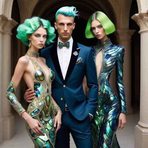 Prompt: a handsome male Catalan  swedish divine sacred male model with green hair and blue abalone Armani suit and a Monaco Bulgarian swedish French gorgeous female model with navy hair and lavish cartier with whimsical gorgeous extravagant  exotic aestheticism,  featuring gold abalone and Mother of pearl and chartreuse vibrant beaded zuhair Murad rami al ali fitted ornate Swarovski abalone gown as a Sandro Botticelli portrait painting with large Balinese Polynesian Cartier gold  headdress with green abalone