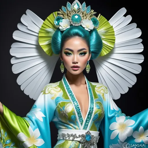 Prompt: Divine Angelic gorgeous feminine goddess Polynesian Hawaiian Balinese Thai Japanese geisha miss japan miss universe extravagant costume with vibrant turquoise styled hair and green eyes in zuhair Murad beaded fitted kimono gown in embellished pearly white blue gold chartreuse lime green pastel blue luminous blue topaz platinum silver chrome white pearl opal diamond Swarovski crystal as a Sandro Botticelli full body painting with large Cartier royal floral jewels and mother of pearl and white abalone aquamarine emerald citronite chartreuse micro orchid headdress with pearls blue lotus