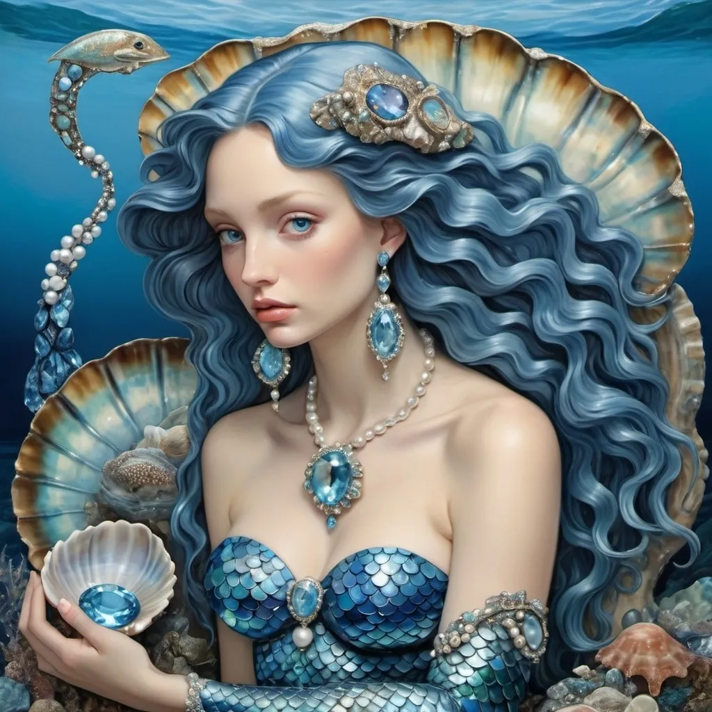 Prompt: Gorgeous blue mermaid in a giant blue clam with blue topaz gemstones and aquamarine gem stones and pearls and ABALONE as a Sandro Botticelli painting