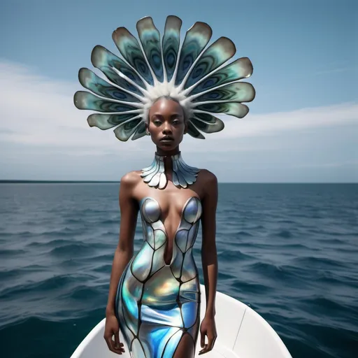 Prompt: a woman with a tall abalone orchid headdress on her head and an iris van herpen Armani dress on her body, standing on a catamaran, Chinwe Chukwuogo-Roy, afrofuturism, blue hair  fashion photography, as portrait as a Sandro Botticelli painting featuring abalone