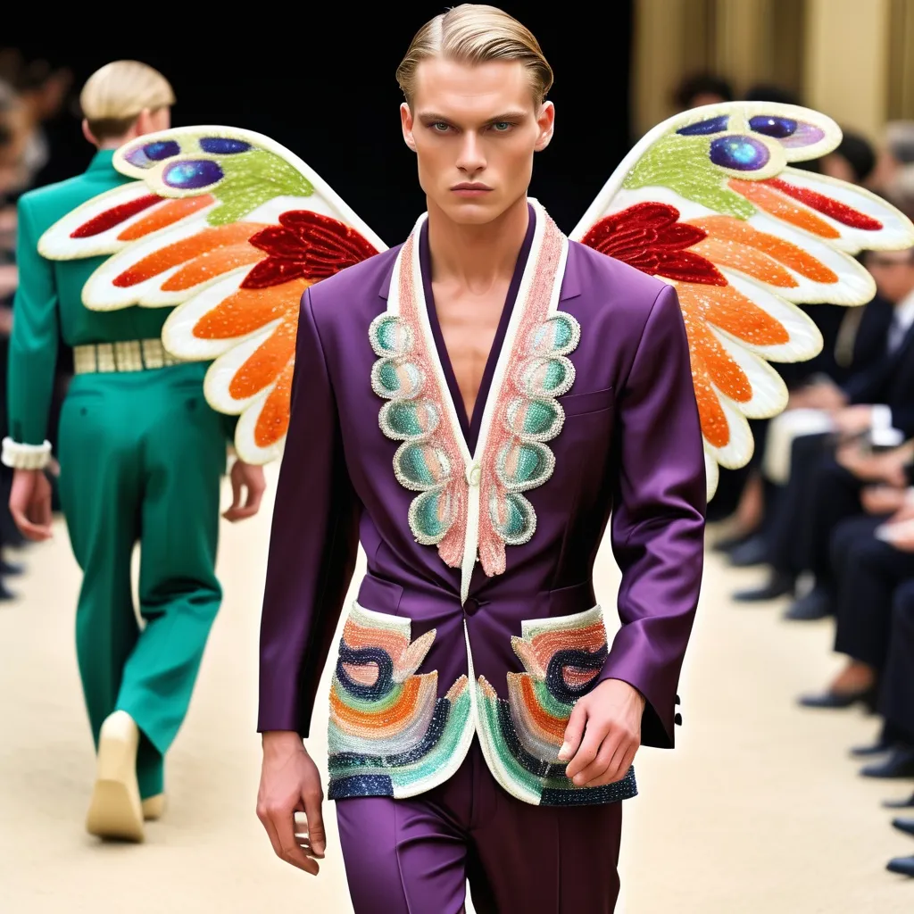 Prompt: Chanel Armani Gatsby extravagant luxury 1990's 1920's 1940's fashion in 
Orange burgundy purple navy mother of pearl emerald ruby abalone on swedish Monaco slender tall gorgeous masculine muscular male model in elaborate beaded 1920's Chanel japanese fitted kimono iris van herpen silk embroidered pant suit with chartreuse chrome peach ABALONE ANGEL WINGS and with indigo hair as a Sandro Botticelli Portrait full body painting in Monaco casino