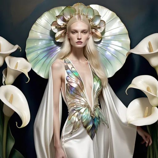 Prompt: Valentino kimono chrome CALLA LILY GOWN in white with gold Cartier accents and white mother of abalone pearl Swarovski crystals on a swedish slender tall gorgeous femodel with platinum blonde hair as a Sandro Botticelli full body elegant fashion editorial French portrait painting with mother of pearl and large abalone headdress and abalone fairy wings with calla lilly flowers in background