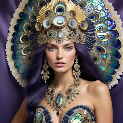 Prompt: a Monaco Bulgarian swedish French gorgeous female model with navy hair and lavish cartier with whimsical gorgeous extravagant  exotic aestheticism,  featuring violet white platinum gold abalone and Mother of pearl vibrant beaded zuhair Murad  ornate Swarovski abalone gown as a Sandro Botticelli portrait painting with large Balinese Polynesian Cartier gold  headdress with green abalone