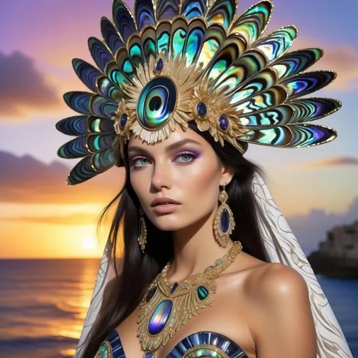 Prompt: a Monaco Bulgarian swedish French gorgeous female model with navy hair and lavish cartier with whimsical gorgeous extravagant  exotic aestheticism,  featuring violet white platinum gold abalone and Mother of pearl vibrant beaded zuhair Murad  ornate Swarovski abalone gown as a Sandro Botticelli island goddess sunset oceanic painting with large Balinese Polynesian Cartier gold  headdress with green abalone