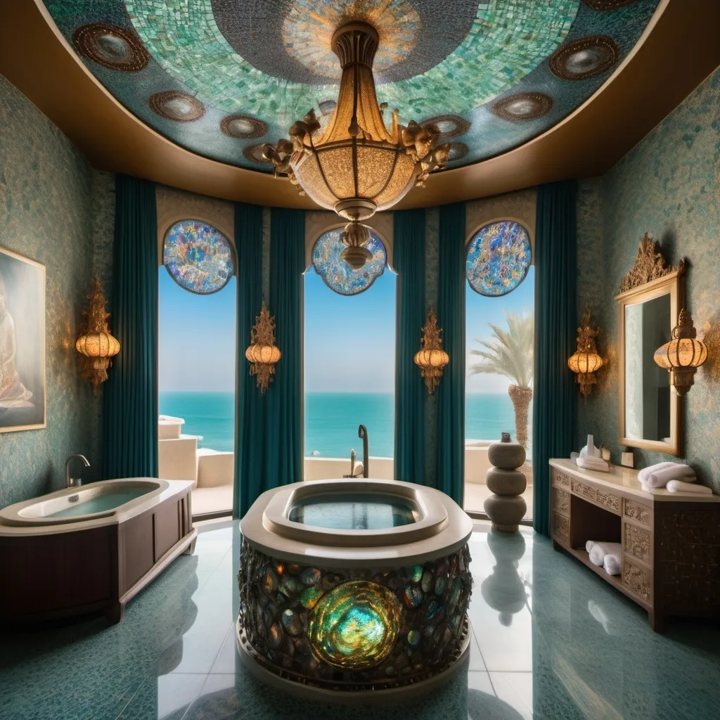 Prompt: Dubai royal Mediterranean Balinese spa room covered in abalone and abalone silk and abalone mosaics as a Sandro Botticelli painting with elaborate abalone chandeliers and high ceilings and ocean views