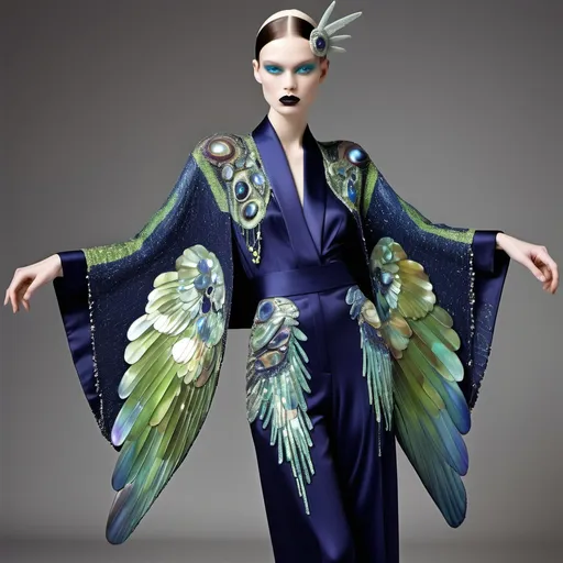 Prompt: Chanel Armani Gatsby extravagant luxury 1990's 1920's 1940's fashion in Navy indigo lime green aqua violet black abalone on swedish Monaco slender tall gorgeous female in elaborate beaded 1920's Chanel japanese fitted kimono iris van herpen silk embroidered pant suit with chartreuse ABALONE ANGEL WINGS and with lady liberty abalone goddess headdress with raffia palm and with chartreuse hair as a Sandro Botticelli painting portrait