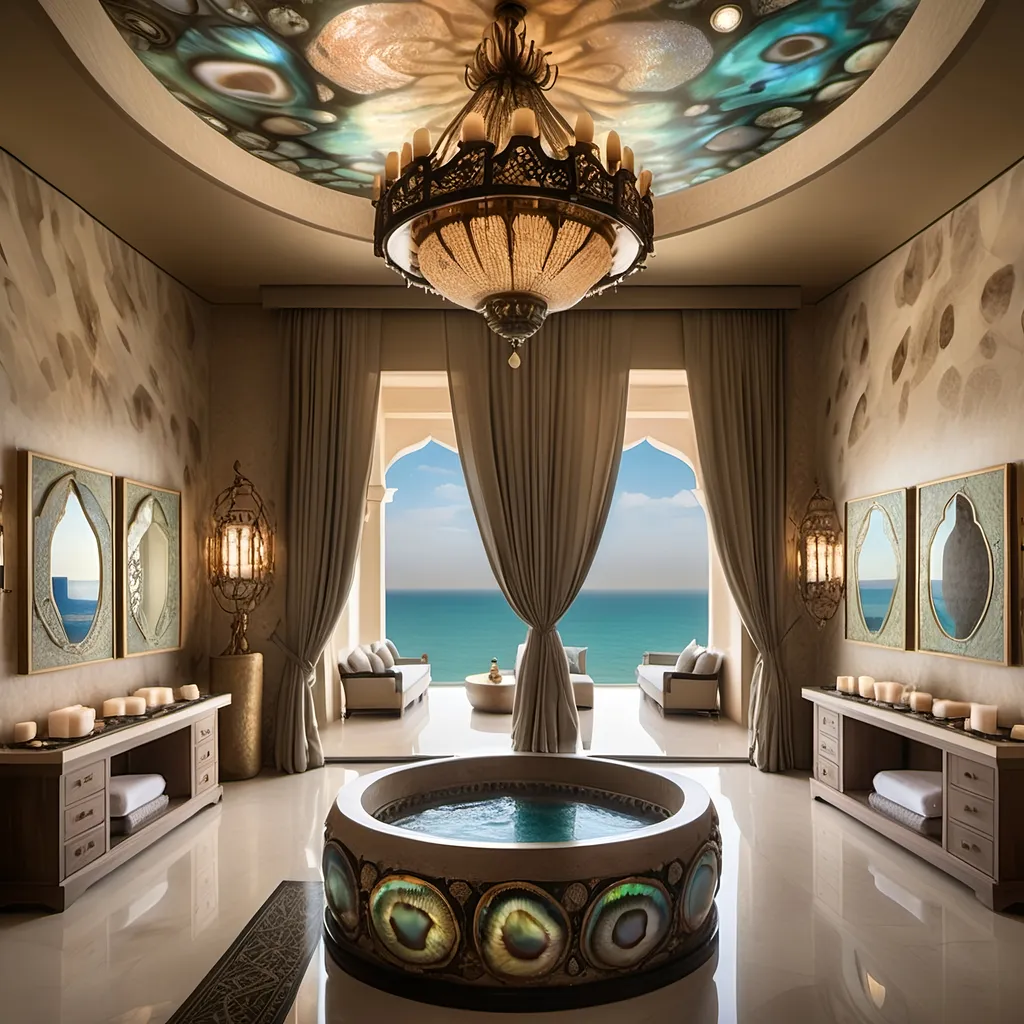 Prompt: Dubai royal Mediterranean Balinese spa room covered in abalone and abalone silk and as a Sandro Botticelli painting with elaborate abalone chandeliers and high ceilings and ocean views