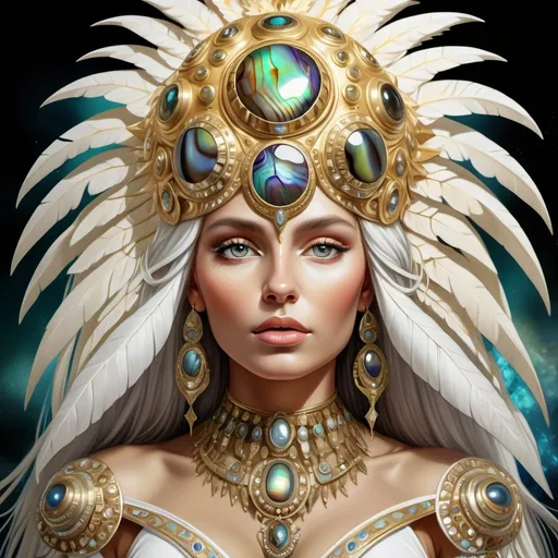 Prompt: Gorgeous white skinned Bulgarian goddess from south Africa with an ornate regal jeweled gold abalone headdress and a lion behind her,  futurism, highly detailed digital painting, a photorealistic painting