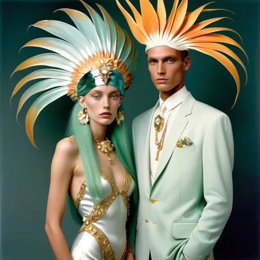 Prompt: Valentino Armani 1990's Hollywood OUTFITS  WITH BIRD OF PARADISE FLOWER and gold Cartier accents and abalone on swedish Indian Brazilian slender tall gorgeous female and male model with sea foam green hair as a Sandro Botticelli full body elegant fashion editorial French couple portrait painting featuring two people and with mother of pearl and large abalone headdress