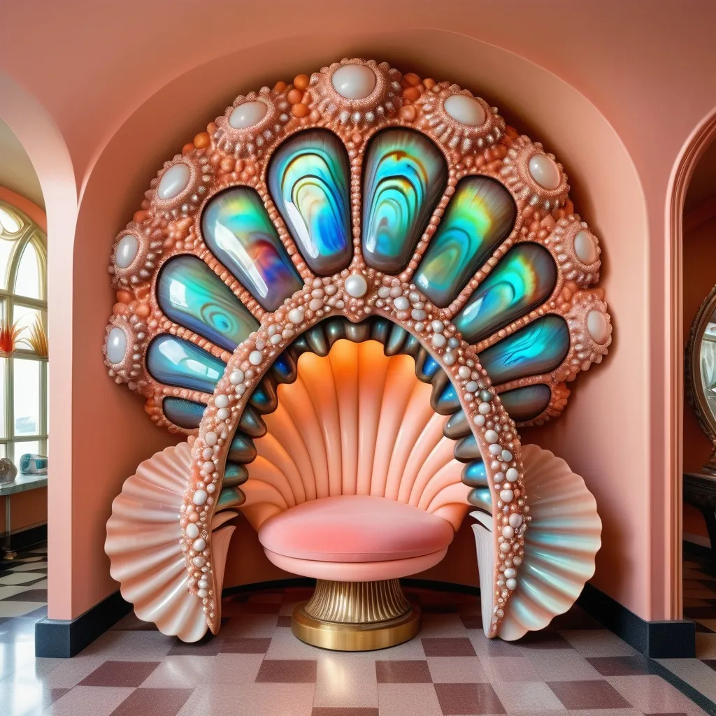 Prompt: a very large peach scallop shell house with a walkway leading to it , David LaChapelle, art deco, exotic psychedelic trippy fantastically gaudy, an art deco sculpture as a Sandro Botticelli painting featuring abalone and pearls and opals and coral