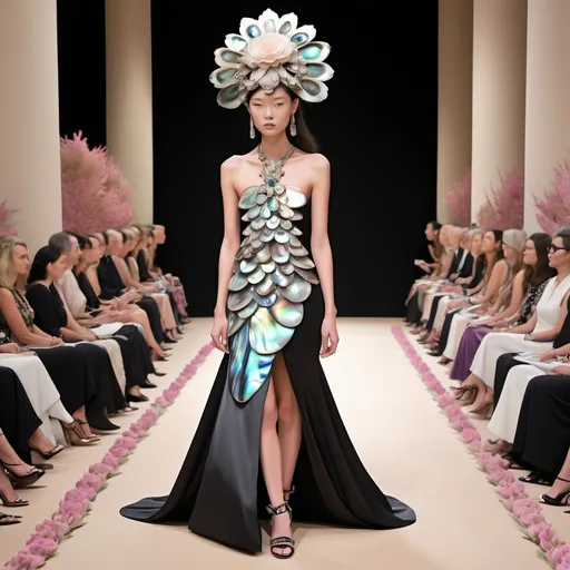 Prompt: Monaco female model with cartier rose, whimsical gorgeous Chen Lu, aestheticism,  featuring abalone and Mother of pearl and black Valentino fitted gown full length body photo on runway with floral heels Large Balinese abalone headdress