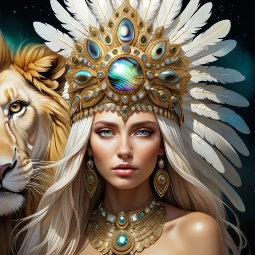 Prompt: Gorgeous white skinned Bulgarian goddess from south Africa with an ornate regal jeweled gold abalone headdress and a lion behind her,  futurism, highly detailed digital painting, a photorealistic painting