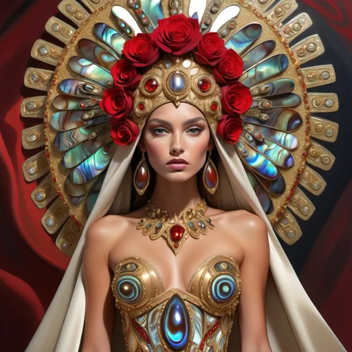 Prompt: Gorgeous tan Bulgarian goddess with an ornate regal jeweled gold red abalone headdress ,  futurism, highly detailed digital painting, a photorealistic painting with Bulgaria Swarovski roses on a Valentino French silk gown in red abalone on a runway with red abalone stilettos