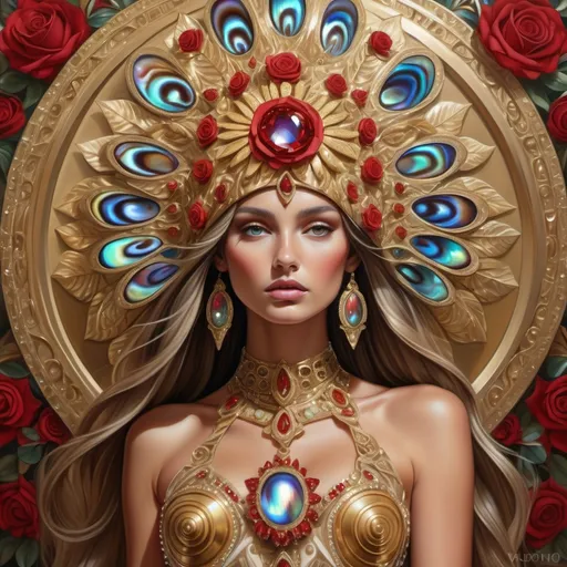 Prompt: Gorgeous tan Bulgarian goddess with an ornate regal jeweled gold red abalone headdress ,  futurism, highly detailed digital painting, a photorealistic painting with Bulgaria Swarovski roses on a Valentino French silk gown in red abalone