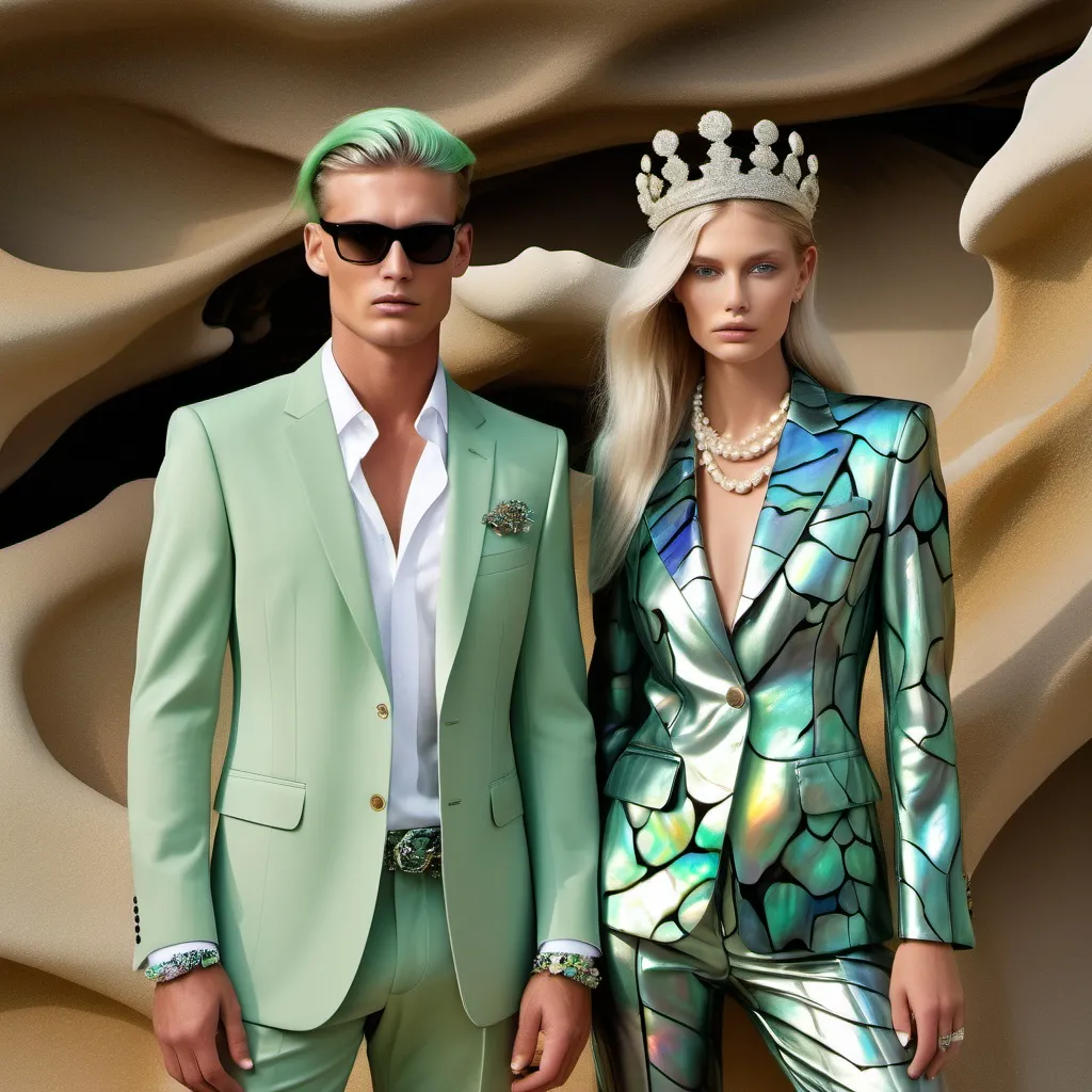 Prompt: Luxury Chanel palm beach Hollywood green Abalone green opal  fitted sleek Armani military camo suits made of Abalone silk  platinum white and luminous abalone pearl hues and  mother of pearl stones and SWAROVSKI CRYSTAL crown flirtatious sultry as a Sandro Botticelli full body couple portrait abalone green opal  with handsome masculine swedish Australian South Africa tan male model with Green hair