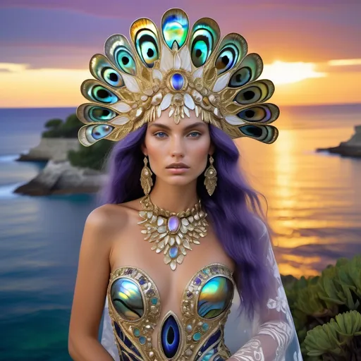 Prompt: a Monaco Bulgarian swedish French gorgeous female model with navy hair and lavish cartier with whimsical gorgeous extravagant  exotic aestheticism,  featuring violet white platinum gold abalone and Mother of pearl vibrant beaded zuhair Murad  ornate Swarovski abalone gown as a Sandro Botticelli island goddess sunset oceanic painting with large Balinese Polynesian Cartier gold  headdress with green abalone