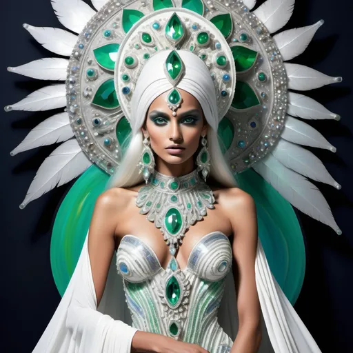 Prompt: White dreamy cosmic genie Indian water extraterrestrial goddess Monaco swedish indian casino showgirl miss India miss universe extravagant with green blueskin and platinum blonde hair and blue eyes in zuhair Murad beaded fitted embellished pearly white luminous platinum silver chrome white pearl opal diamond Swarovski crystal costume gown as a Sandro Botticelli full body cosmic planetary painting with large Cartier royal jewels and mother of pearl