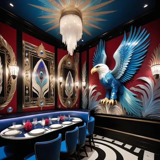 Prompt: 1920's Indian psychedelic Elaborate jewel beaded abalone eagle feathers murals Swarovski black and white and blue and indigo Monaco Indian Dubai Egyptian fine dining casino bar with high ceilings and elegant pearl abalone decor and tall micro orchids as a Sandro Botticelli painting interior design with red star beams Swarovski accents