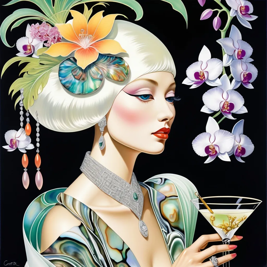 Prompt: Cartier Gatsby extravagant luxury 1990's 1920's  chinoiserie white shiny luminous abalone mother of pearl elaborate silk white platinum gold penthouse martini model in bar room with micro orchids with yellow coral green abalone and featuring pink violet jade chartreuse pearl diamond blue black and floral calligraphy art as a Sandro Botticelli painting in transcendent psychedelic style