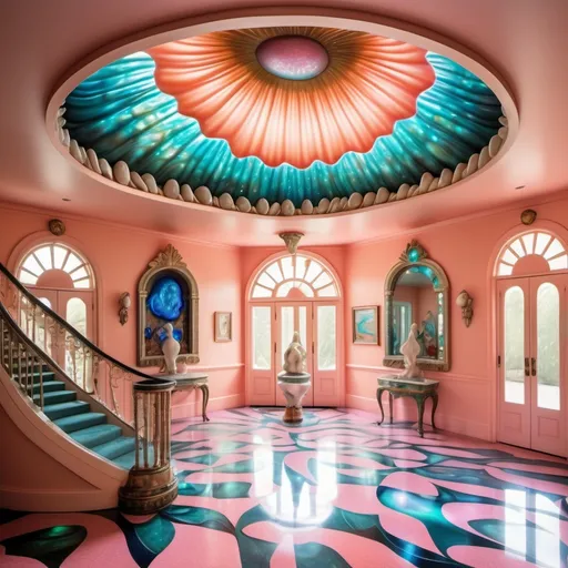 Prompt: a very large peach scallop shell mansion with a walkway leading to it , David LaChapelle, art deco, exotic psychedelic trippy fantastically gaudy, an art deco sculpture as a Sandro Botticelli painting featuring abalone and pearls and opals and coral