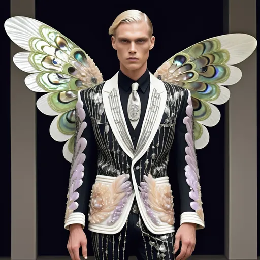 Prompt: Chanel Armani Gatsby extravagant luxury 1990's 1920's 1940's fashion in 
Black and white mother of pearl abalone on swedish Monaco slender tall gorgeous masculine muscular male model in elaborate beaded 1920's Chanel japanese fitted kimono iris van herpen silk embroidered suit with chartreuse chrome peach ABALONE ANGEL WINGS and with lavender hair as a Sandro Botticelli Portrait full body painting in Monaco casino