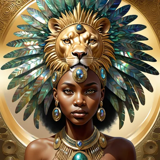 Prompt: Gorgeous Swahili goddess from south Africa with an ornate regal jeweled gold lion abalone headdress and a lion behind her, , Chinwe Chukwuogo-Roy, afrofuturism, highly detailed digital painting, a photorealistic painting