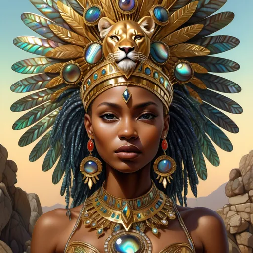 Prompt: Gorgeous Bulgarian goddess from south Africa with an ornate regal jeweled gold abalone headdress and a lion behind her, , Chinwe Chukwuogo-Roy, afrofuturism, highly detailed digital painting, a photorealistic painting