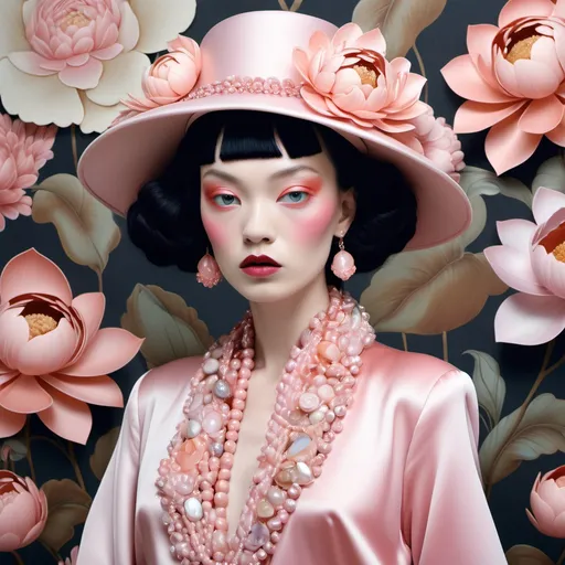 Prompt: Chanel Cartier Armani Gatsby extravagant luxury 1990's 1920's 1940's pink lotus pink peony pink camellia pink dragon chinoiserie white abalone mother of pearl elaborate beaded 1920's Chanel japanese iris van herpen silk penthouse geisha featuring peach lavender and coral hair as a Sandro Botticelli Portrait painting in Georgia o Keefe transcendent psychedelic style