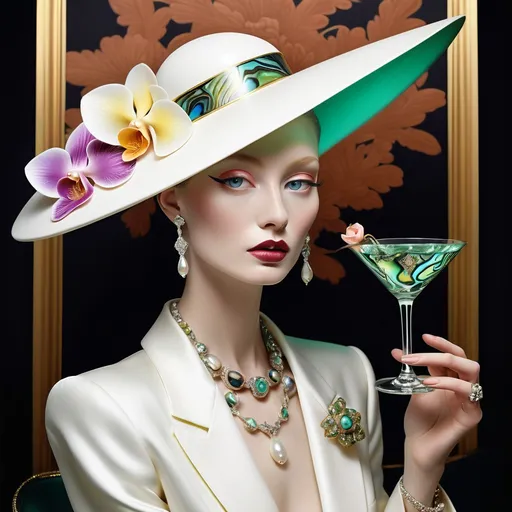 Prompt: Cartier Gatsby extravagant luxury 1990's 1920's  chinoiserie white shiny luminous abalone mother of pearl elaborate silk white platinum gold penthouse martini model in bar room with micro orchids with yellow coral green abalone and featuring pink violet jade chartreuse pearl diamond blue black and floral calligraphy art as a Sandro Botticelli painting in transcendent psychedelic style